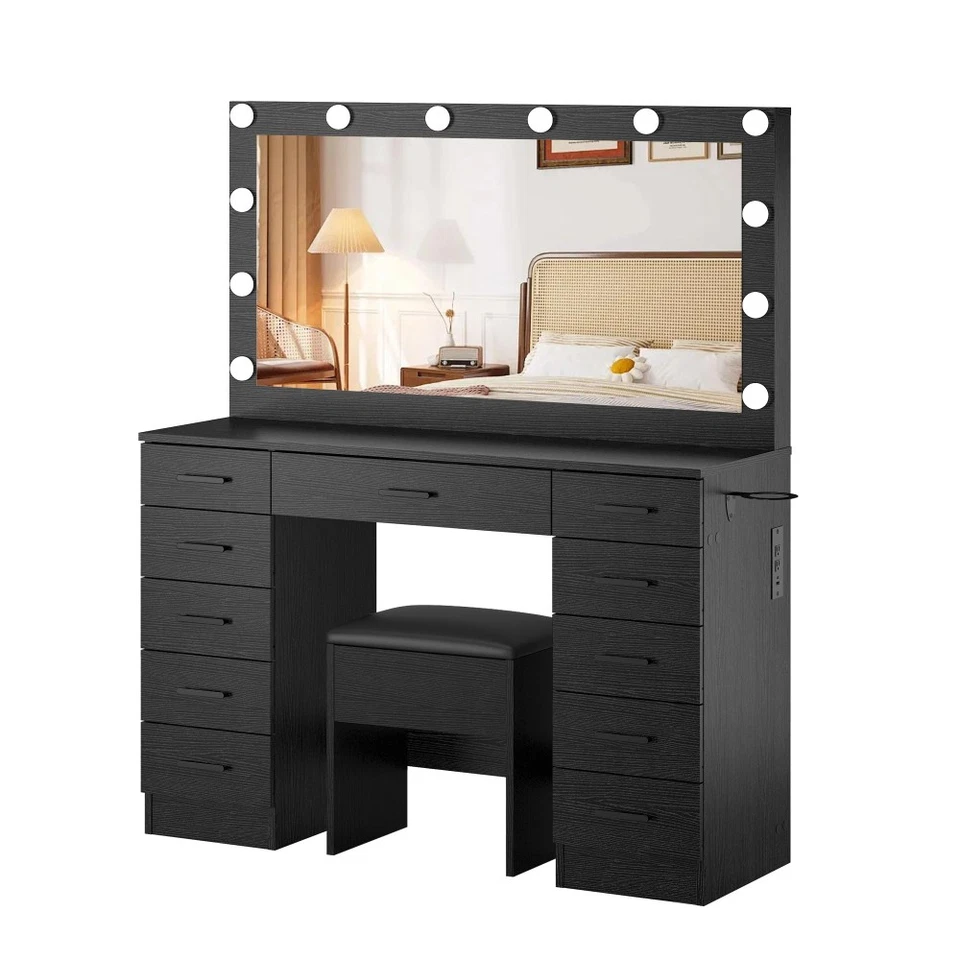Makeup Table Set 11 Drawers Vanity Desk Power Outlet Storage Cushioned Stool