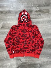 Felpa con cappuccio uomo A Bathing Ape BAPE XL rossa mimetica squalo full zip