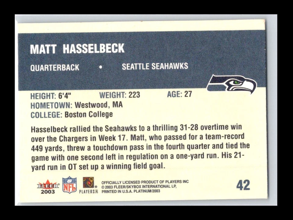 Matt Hasselbeck - 2003 Fleer Platinum #42 - Seattle Seahawks - Image 2 of 2