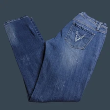 Vigoss Womens Straight Leg Jeans 9 Medium Wash Low Rise Distressed Imperfect