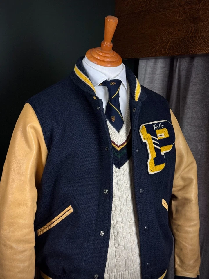 Pre-Owned Polo Ralph Lauren Navy Wool-Blend Letterman Jacket Medium RRP £695 - Image 3 of 4