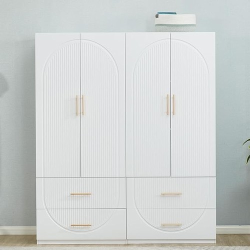 4 Doors White Wooden Armoire Wardrobe Closet Bedroom Freestanding Storage Closet