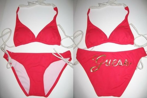 GUESS Da Marciano Bikini 2 Pezzi Bagno Nuoto Abito Oro Rosso Lamina Logo Nuovo - Picture 2 of 5