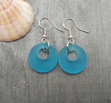 Hawaiian Jewelry Sea Glass Earrings, Circle Minimalist Jewelry Turquoise Blue