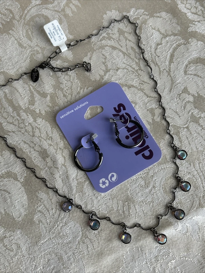 Collar Lia Sophia Jeannie Nuevo con Etiquetas Hematita Tono Gunmetal AB Bisel Acentos y Aros Foto 3 de 4