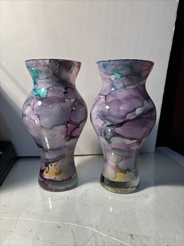2 Multicolor Art Glass Vases 10.25” Tall Mouth 4.25” Hand Made - Picture 4 of 9