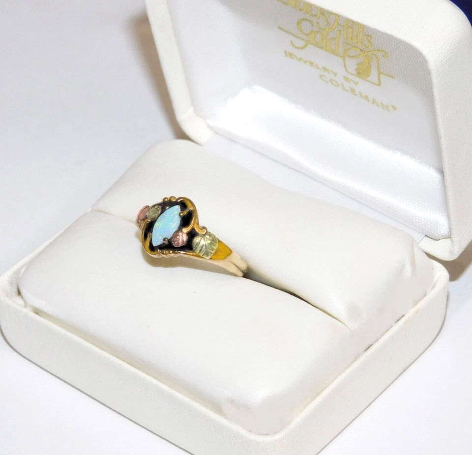 Anillo Black Hills Oro 10k Esmalte Antiguo Marquesa Hojas de Ópalo Talla 7 1/4 Foto 4 de 4