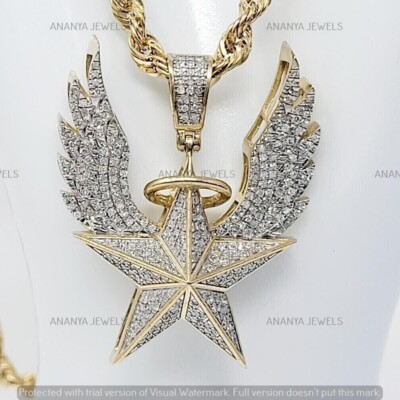 Men's Angel Wings Flying Pendant 4ct Round Cut Moissanite 14K Yellow Gold Plated