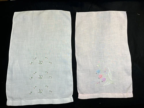 Lot of 2 Vintage Linen Embroidered Hand Towels White & Pale Pink
