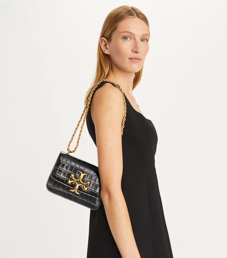 Borsa a tracolla Tory Burch Eleanor nuova con etichette in pelle di coccodrillo nera laminata catena oro