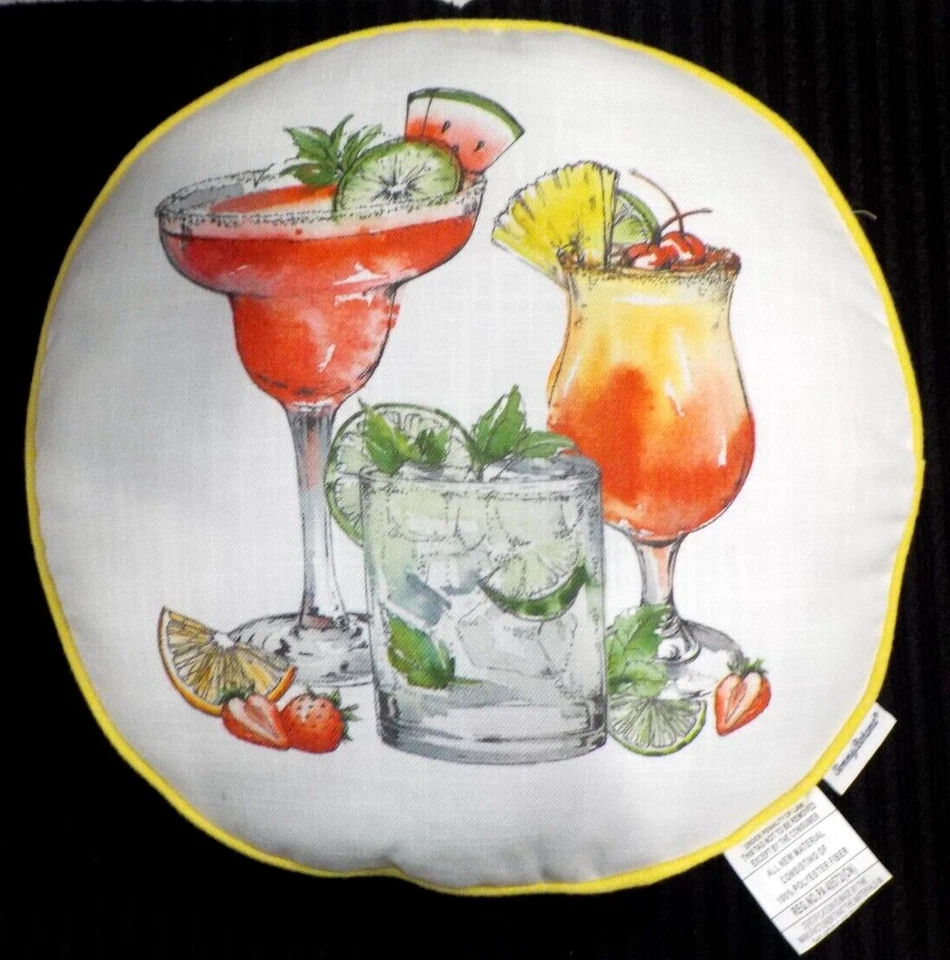 TOMMY BAHAMA Indoor Outdoor 18x18 Round Pillow Yellow HAPPY HOUR Cocktail Drink - Image 3 of 4