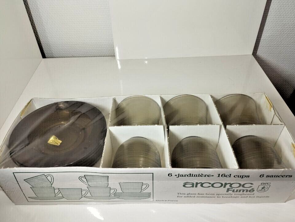 Service à café 12 pièces Arcoroc neuf, vintage, verre trempé fumé, année 80
