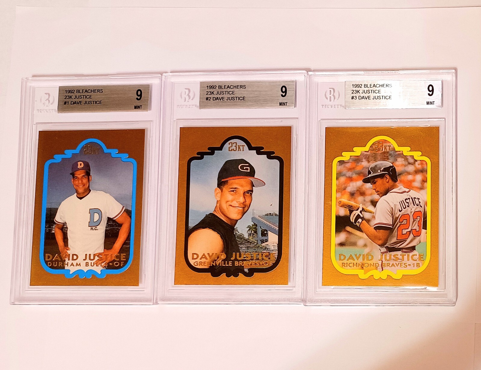 Set of 3 - DAVID JUSTICE #d all BGS 9 - 1992 Bleachers 23KT Gold DURHAM RICHMOND