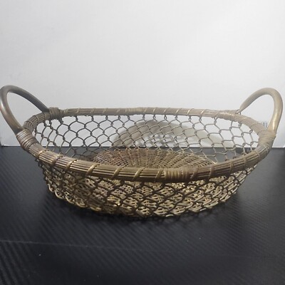 Vintage Hand Crafted Woven Wire Brass Basket With Handle