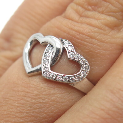 925 Sterling Silver Round-Cut Shaped C Z Couple of Hearts