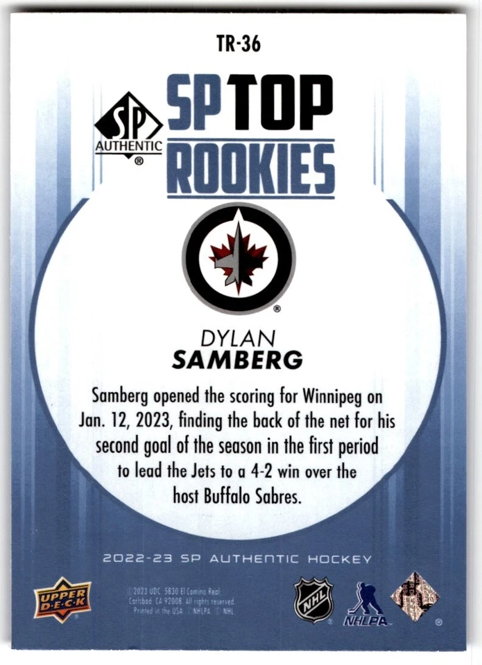 2022-23 SP Authentic Top Rookies Blue Dylan Samberg #TR-36 Winnipeg Jets - Image 2 of 2
