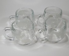 Set of 4 NESTLE NESCAFE Etched Clear Glass World Globe Map Coffee Cups Mugs