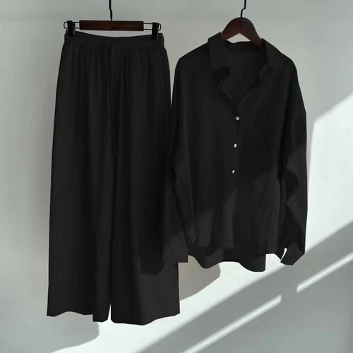 Women Lady Summer Solid Color Cotton Linen Suit Lapel Long Sleeve Top Leg Pants - Bild 28 von 42