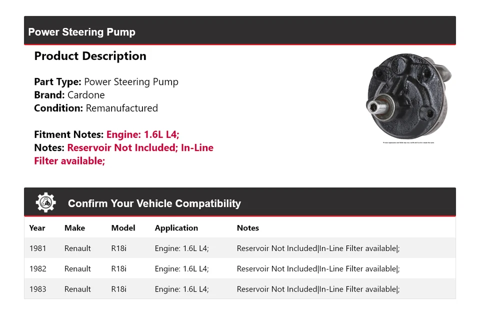 Bomba de dirección asistida Cardone 1982 para Renault R18i 1981-1983 1,6 L L4 Foto 2 de 4