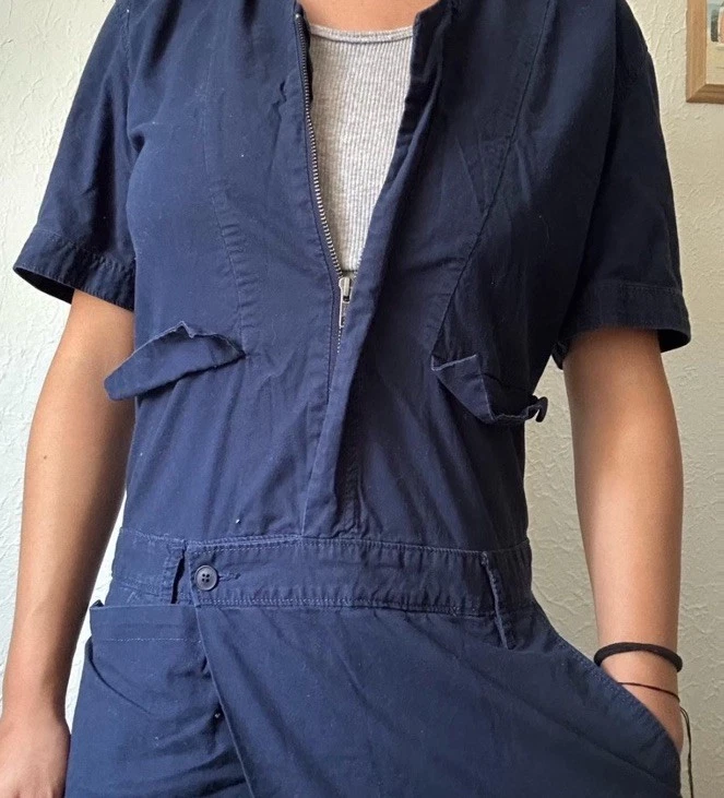 罕见 CROQUIS 日本横面板锅炉服连身裤短工作服海军蓝-尺寸 M — 第 2/4 张图片