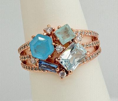 Bomb Party Sz 8 ''Stay In Love'' RG93108 Aquamarine Array Cluster on Rose Gold