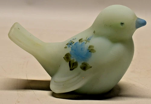 FENTON Glass Blue Satin Hand Painted Bird