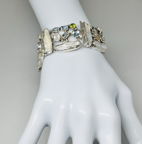 Vintage 925 Silver Cuff Bracelet Biwa Pearl Blue Topaz Peridot Quartz Boho 8.5” - Picture 8 of 14