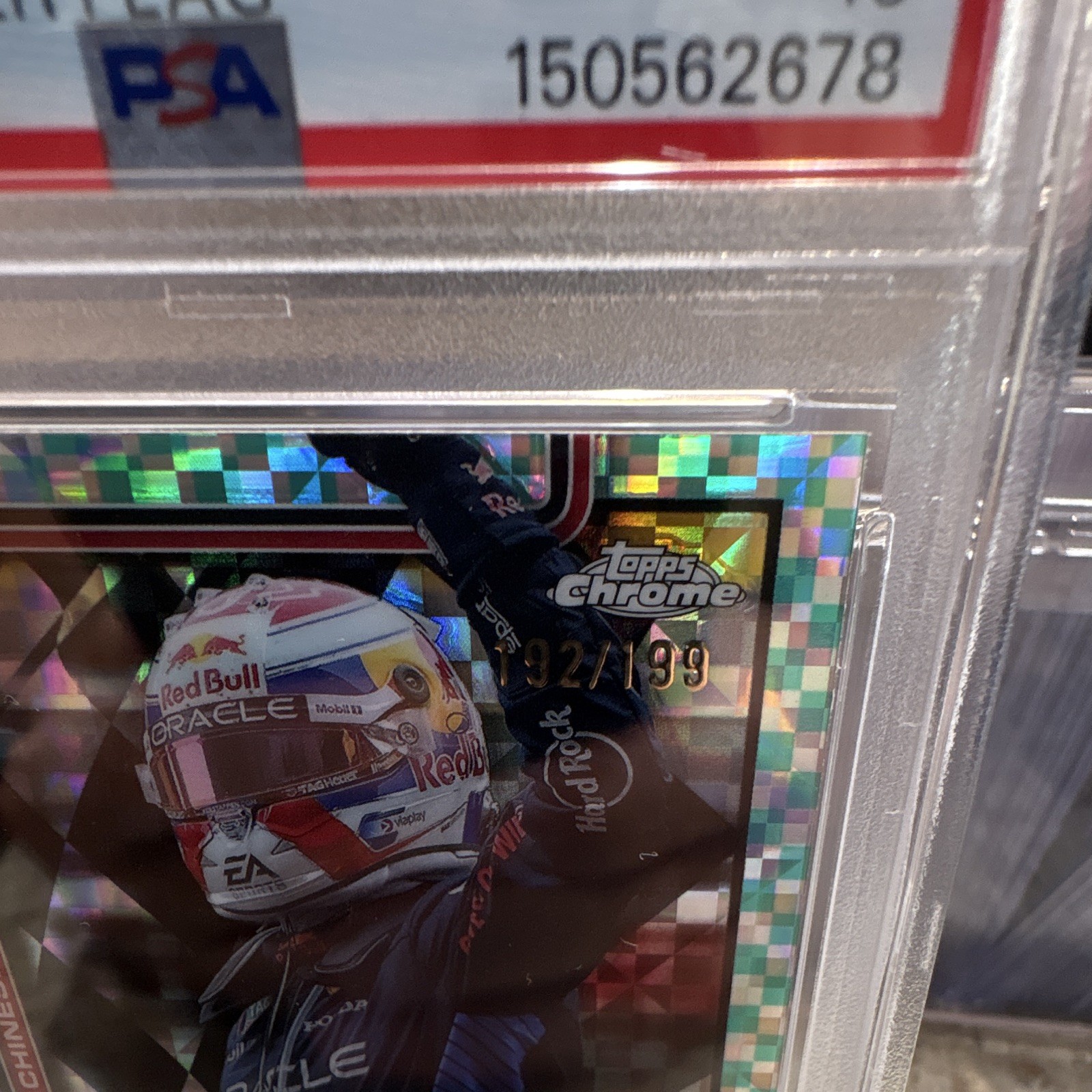 Topps 2025 Chrome F1 Max Verstappen #97 Aqua Checker Flag PSA 10 192/199 view 4