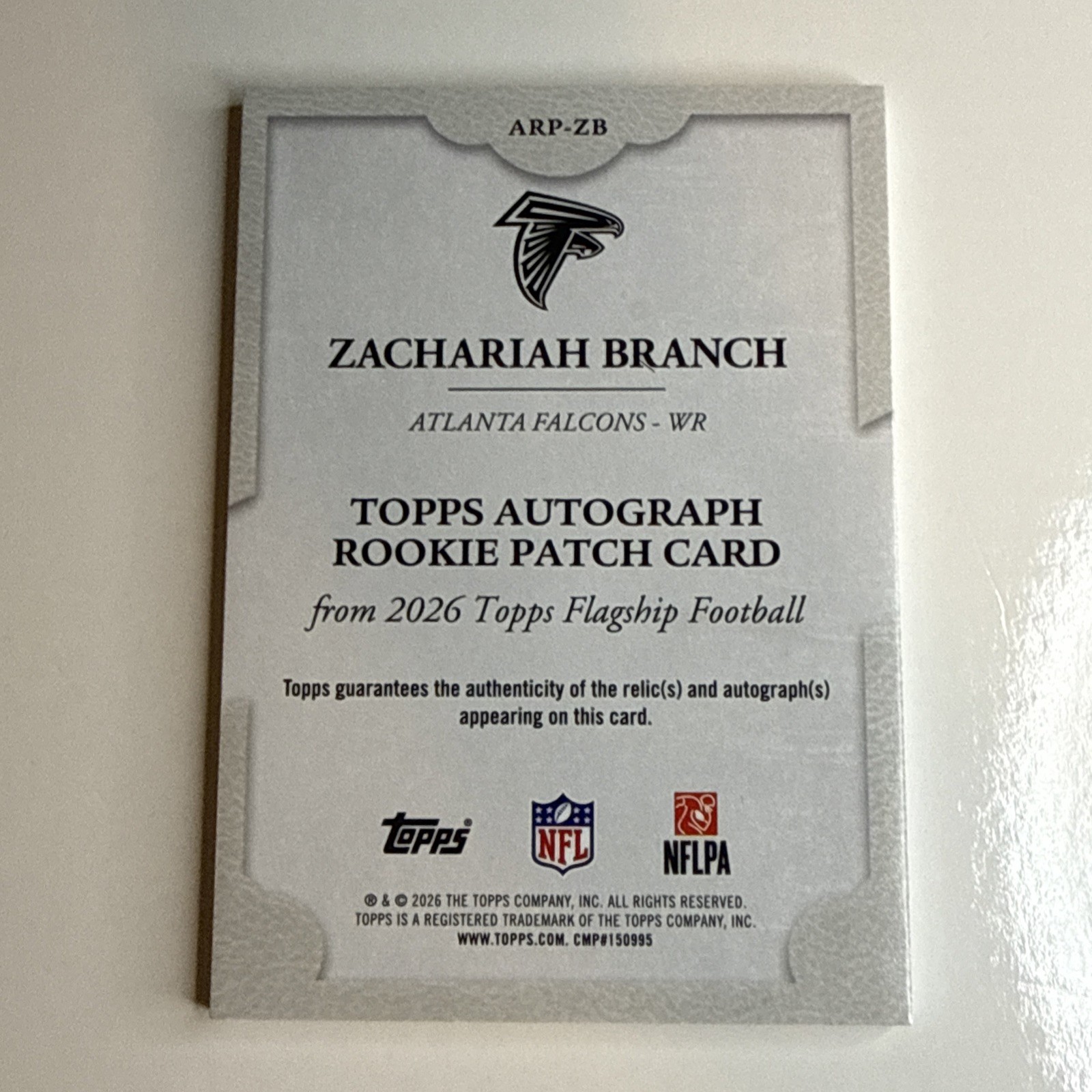 Topps 2026 Flagship Zachariah Branch Falcons ARP-ZB RC Patch Auto /99 view 2