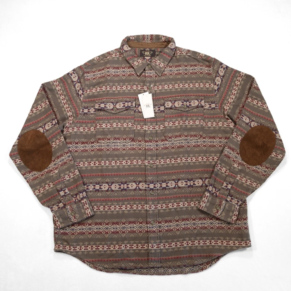 NUEVO CON ETIQUETAS RRL DOUBLE RL Hombres XXL Oliva Multi Melton Fairisle Cepillado Jacquard Sobrecamisa Foto 2 de 4