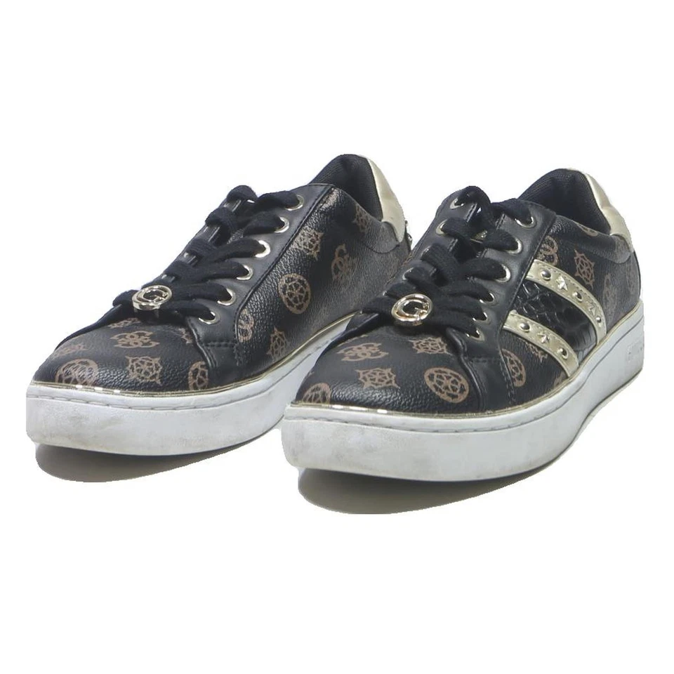 GUESS Logo Print Womens Lace Up Trainers Black & Gold Leather UK 5 Stylish - Image 3 of 4