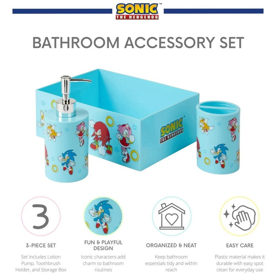 NEW Sonic 3pc Bathroom Accessory Set with Toothbrush Cup, Soap Pump, Storage Bin