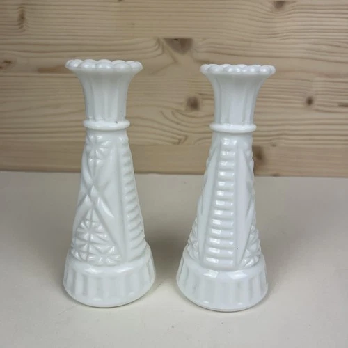 Set of 2 Anchor Hocking Milk Glass Bud Vase White Stars and Bars Vintage 6"