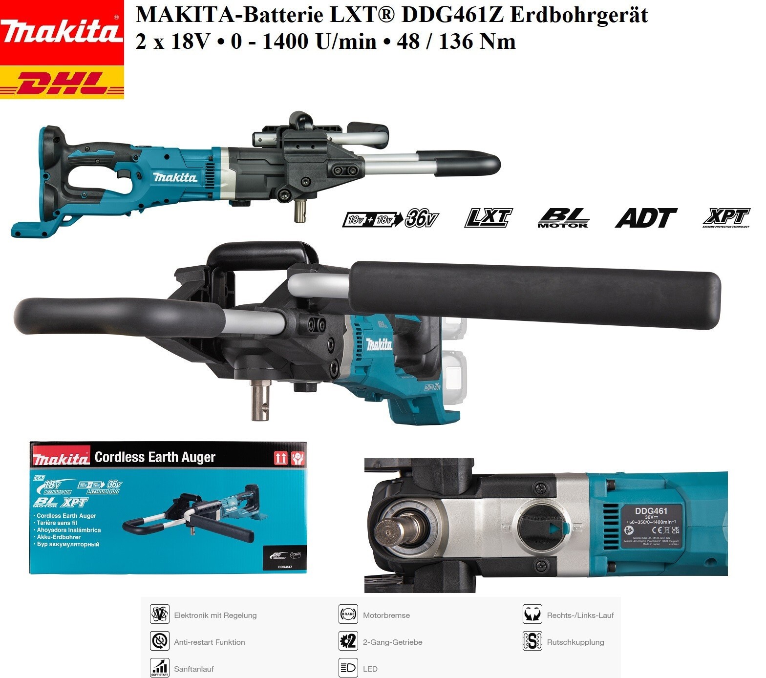 Makita 2x18V Akku-Erdbohrer DDG461Z ohne Akku - Ladegerät Bürstenloser Motor - Image 4