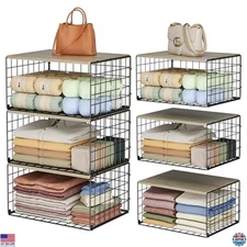 Wider Stackable Closet Organizers - 3 Pack Storage Bins with Wood Top & Metal