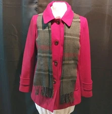London Fog Coat Women's Size Medium Red Plad Scarf Single Breasted Wool Blend