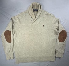 Polo Ralph Lauren Sweater Mens XL Green Shawl Collar Elbow Patch Knit Pullover