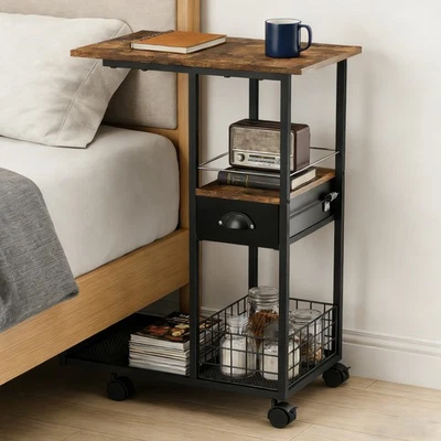 Beistelltisch Sofatisch mit Rollen Schublade, Kaffeetisch C-Form Laptoptisch DE - Bild 1 von 4