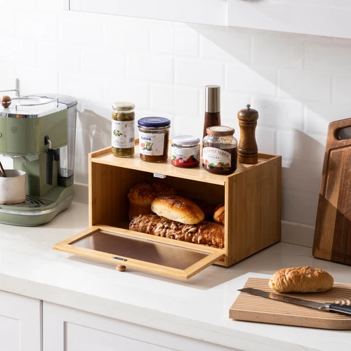 Farmhouse Bread Box for Kitchen Countertop, Modern Bamboo Large Bread Storage... - Picture 4 of 7