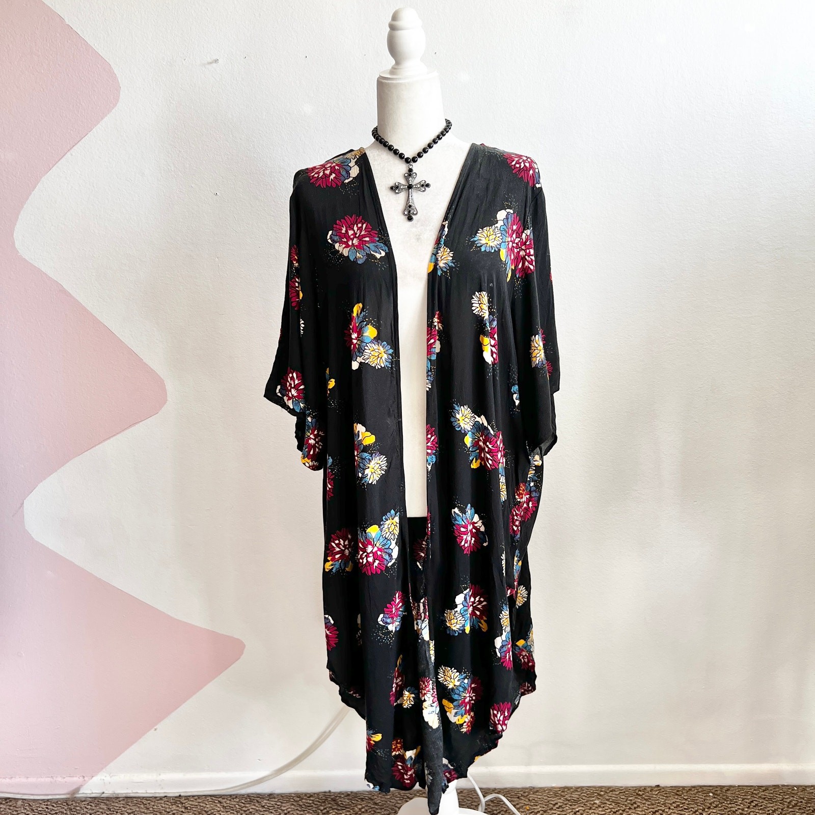 Torrid Black Floral Kimono Cardigan Size 3X Boho Festival Goth Witchy