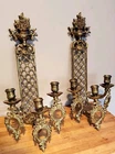 2 Vtg LIMOGES FRANCE Brass Three Arm Candle Holders Wall Sconces w/Photo Frames