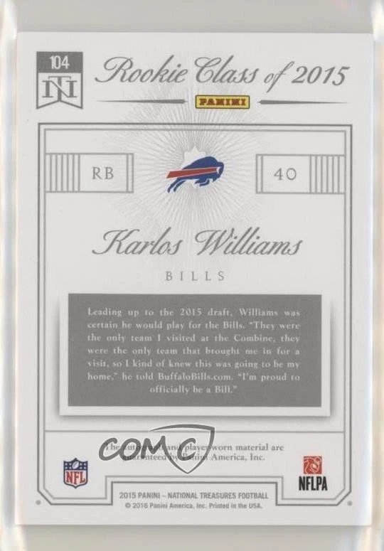 2015 Panini National Treasures RPS /99 Karlos Williams RPA Rookie Patch Auto RC - Image 2 of 2