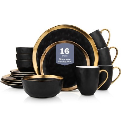 Florian 16-Piece Modern Black & Gold Dinnerware Set for 4, Plates & Bowls