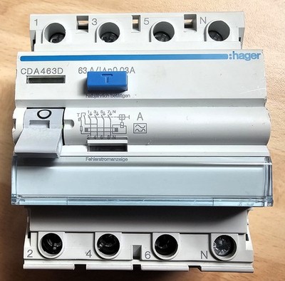 Hager CDA463D Fehlerstromschutzschalter, FI-Schutzschalter 4-polig 6kA 63A 30mA