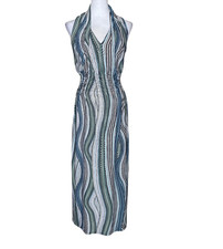 Women's Abstract Wavy Stripe Print Smocked Halter Sleeveless Maxi Dress Sz L