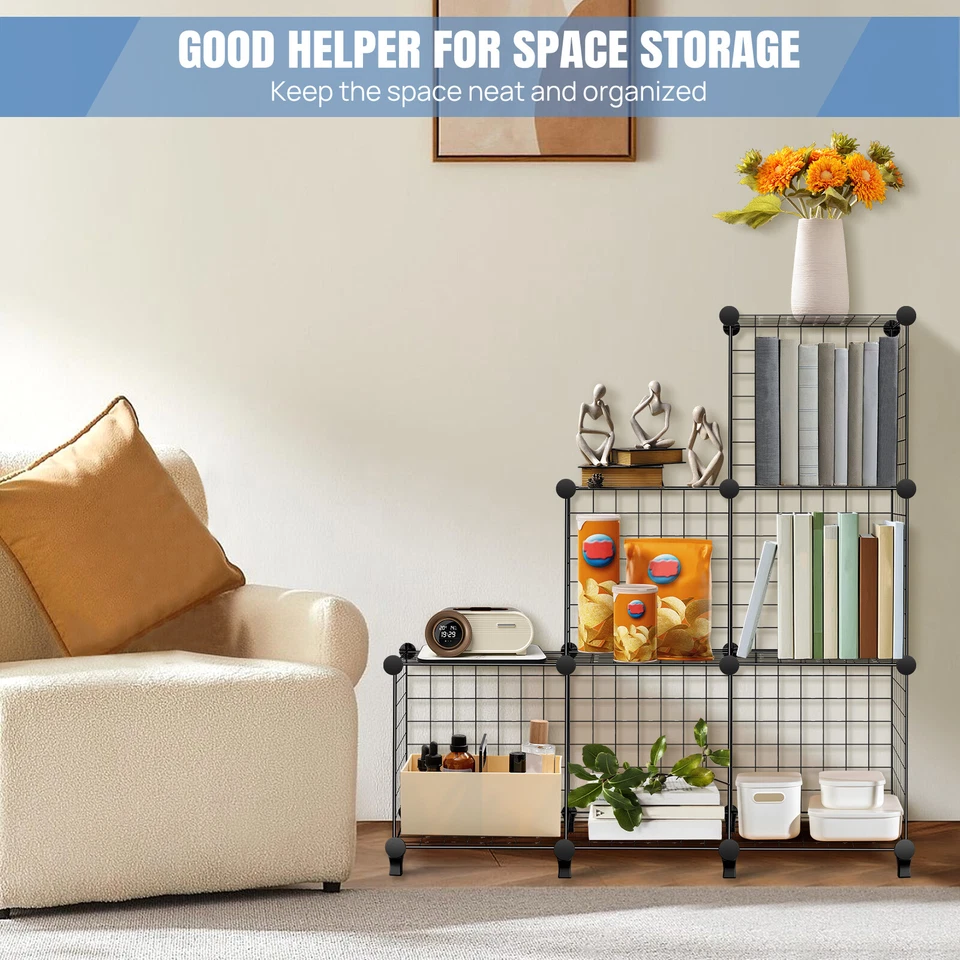 6 Cubes Interlocking Storage Unit With Metal Wire Mesh Black Multifunctional New - Image 4 of 4
