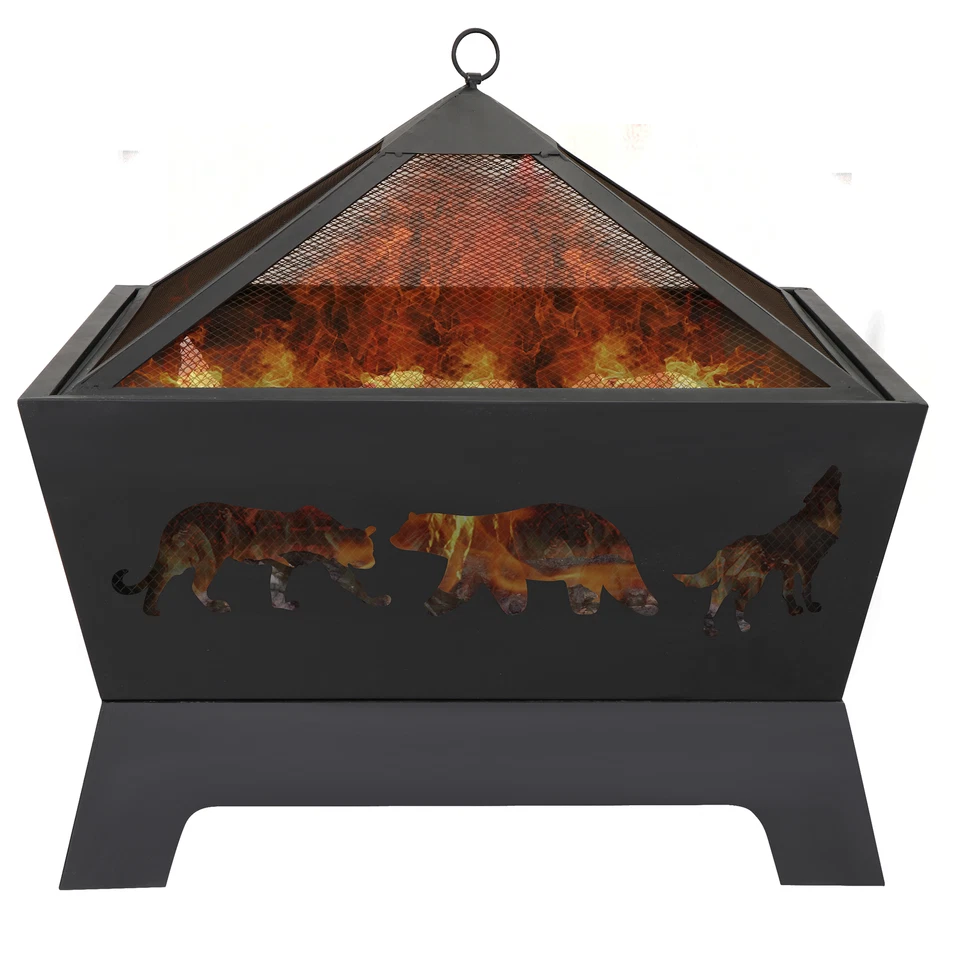 SEGAWE 26" Outdoor Fire Pit Steel Square Wood Burning BBQ Patio Yard W/Rain Cover&Poker