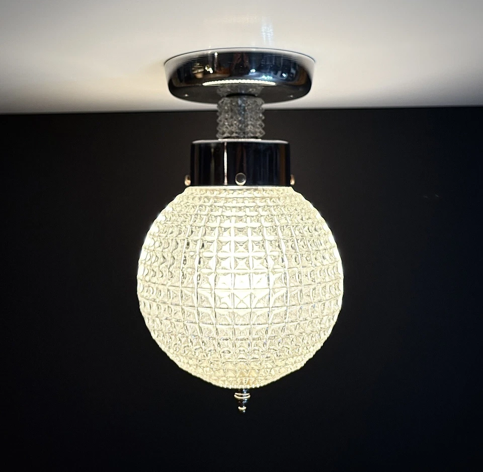 Vintage 1950s 60s Mid Century Modern Chrome Ceiling Light Fixture MCM Round Orb - Image 4 of 4
