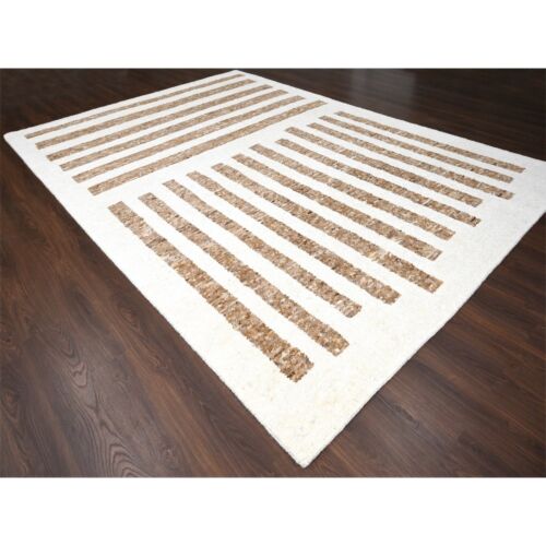10'3"x14'1" Burlywood Brown Hand Knotted Wool Minimalist Stripe Rug R84825 - Picture 3 of 11