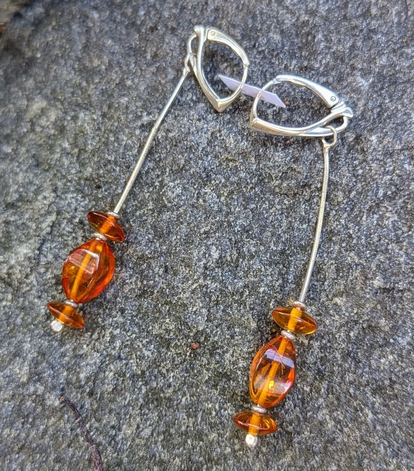 Orecchini pendenti in argento sterling 925 ambra baltica naturale gocce... - Immagine 2 di 4